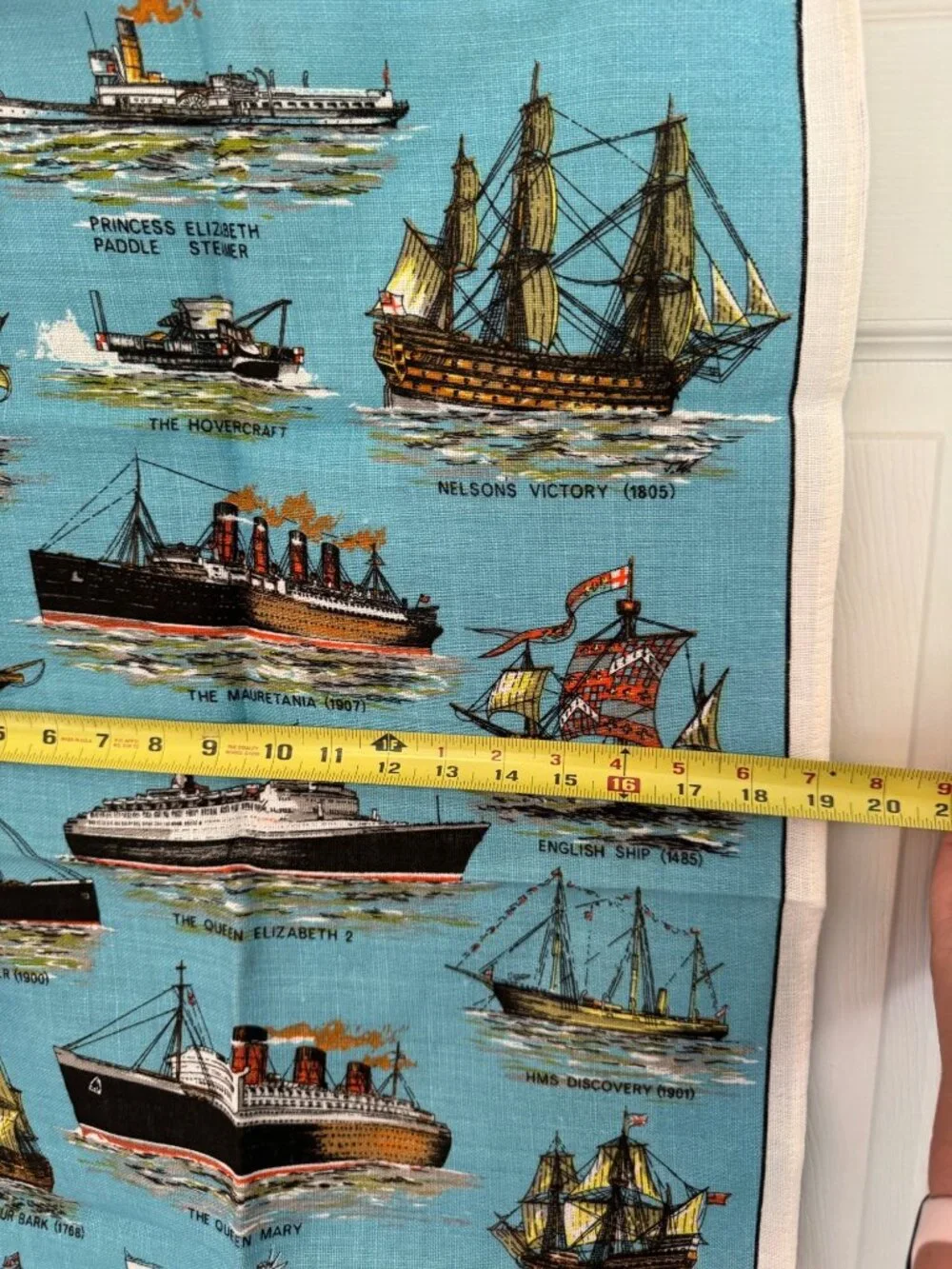 Story Of Ships Vintage Linen Tea Towel Ulster Ireland 30x19 Blue Nautical Theme
